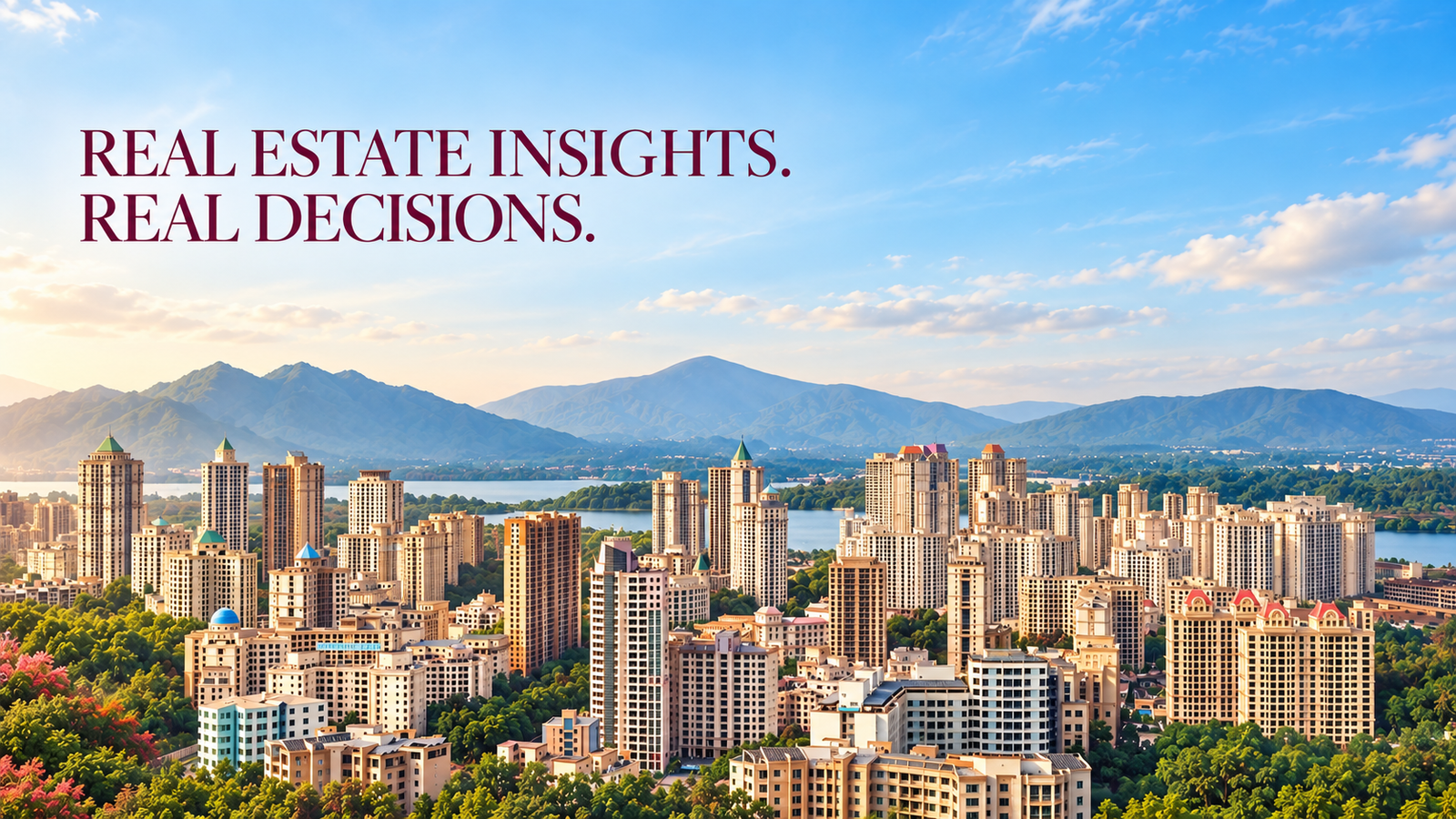 Real Estate Insights. Real Decisions. Premium residential township skyline with greenery, lake and mountains.